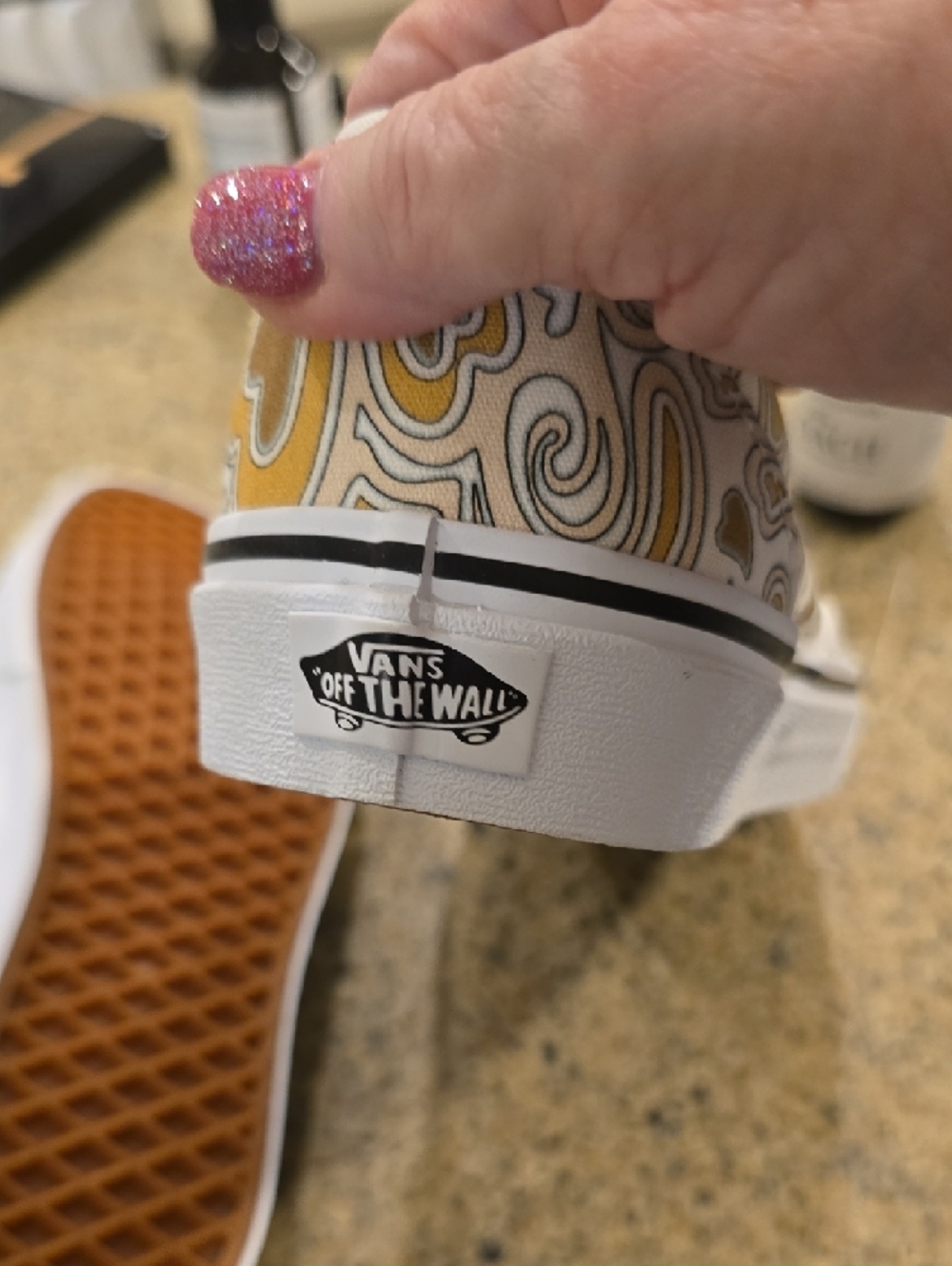 Vans White Canvas Slip-Ons with Yellow Heart Swirl Print - Picture 5 of 8